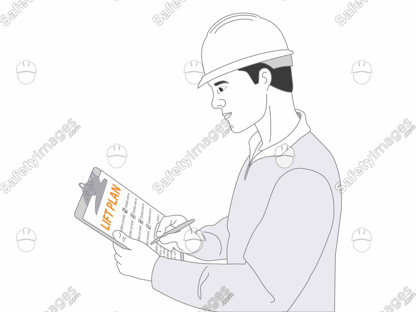 Man Filling in Crane Lifting Plan on Clipboard Hard Hat