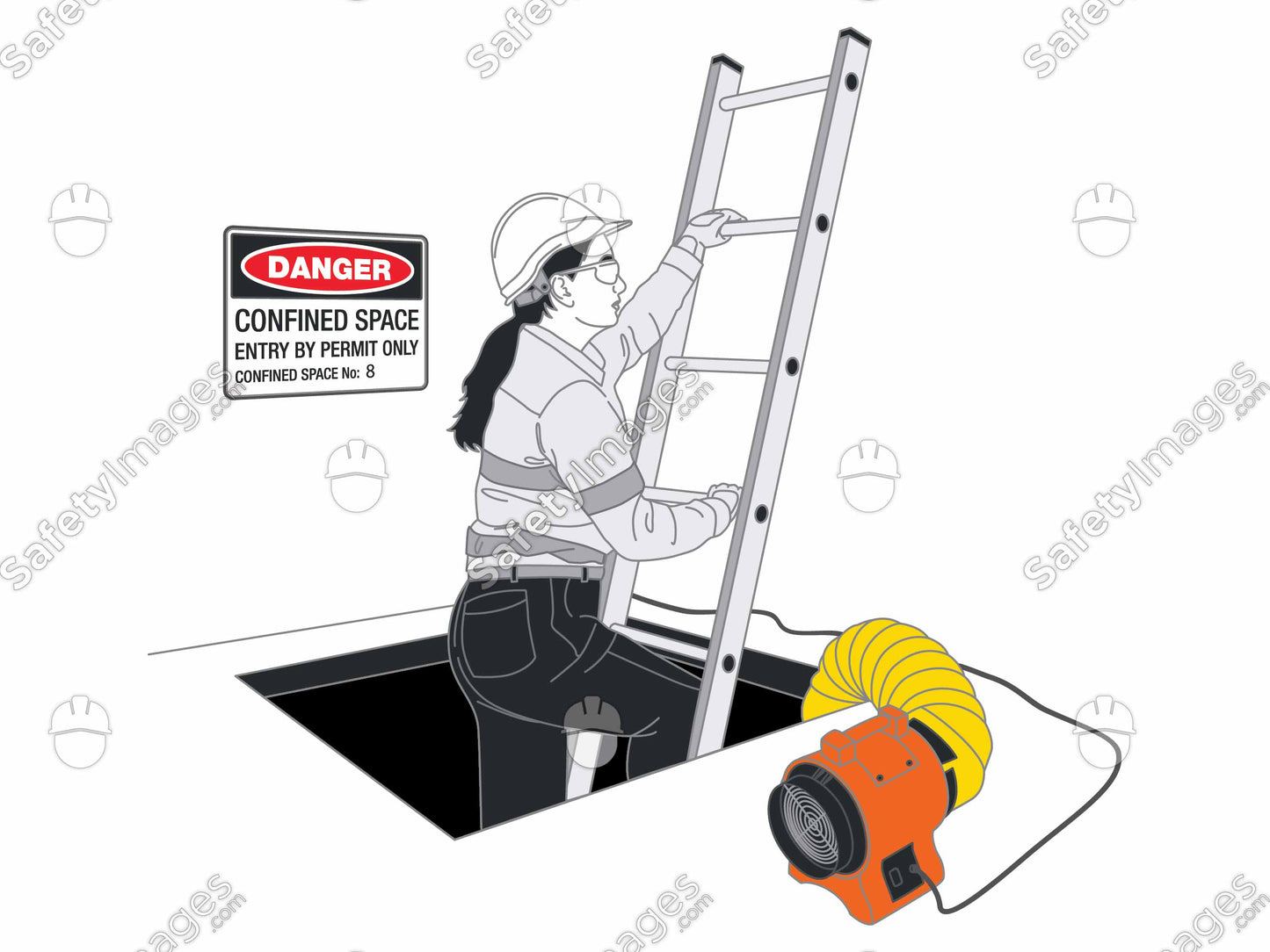 Lady Climbing Ladder Out of a Confined Space with Ventilation Fan