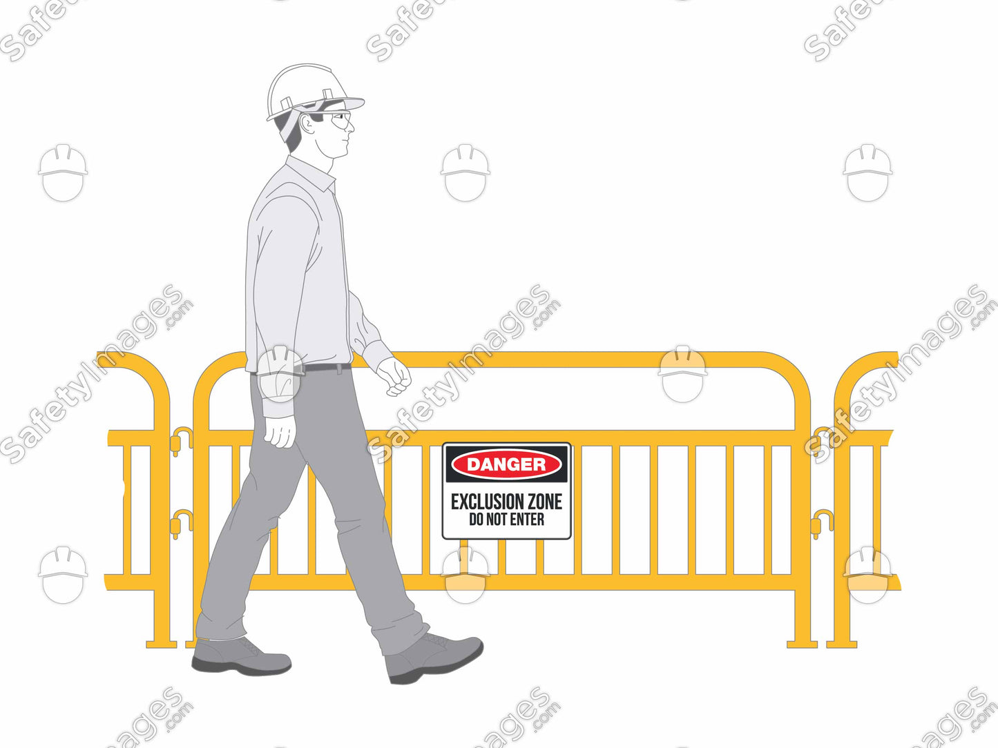 Man Walking Past Exclusion Zone Barricade with Sign