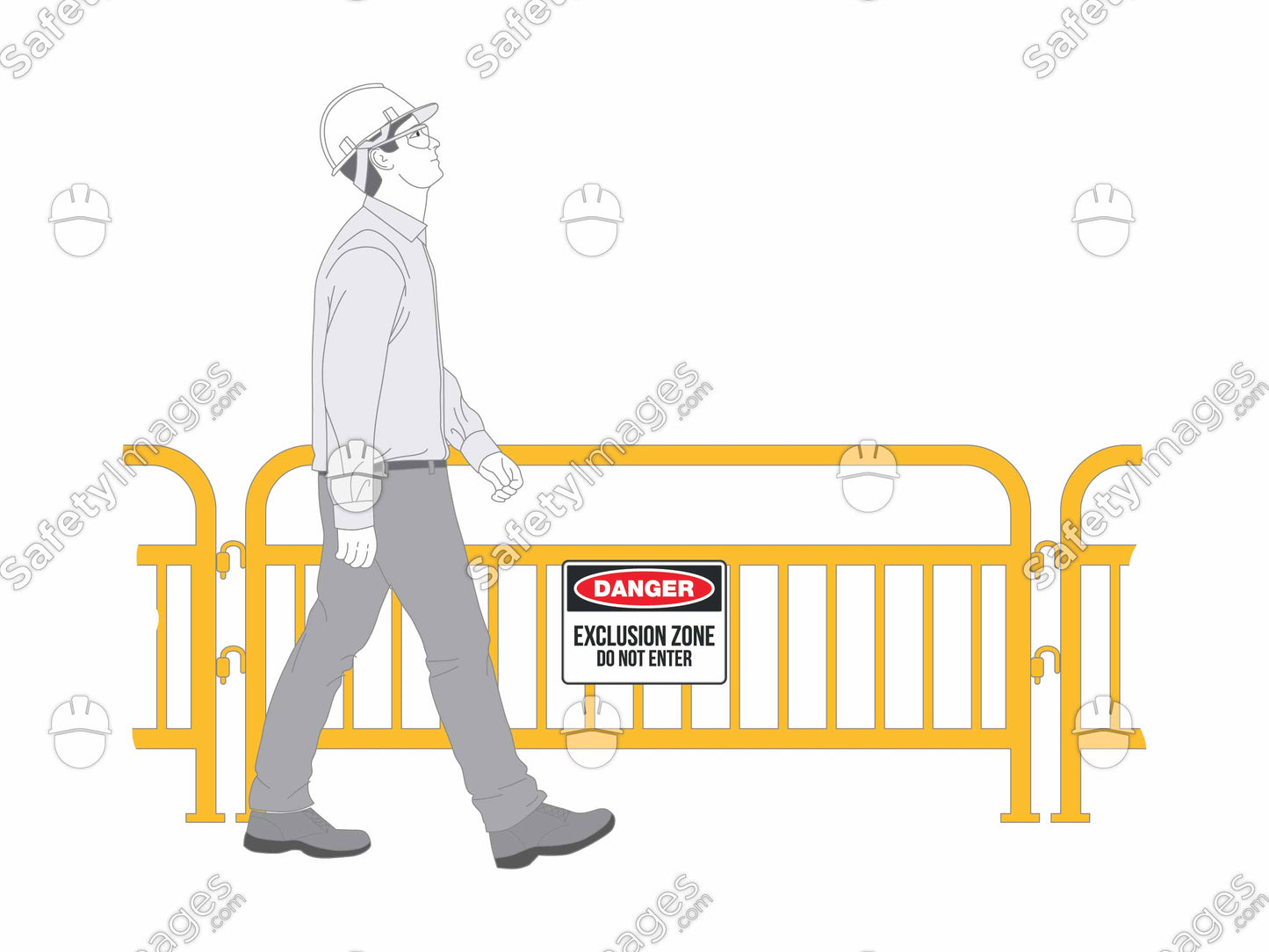 Man Looking Up Near Exclusion Zone Barricade with Sign