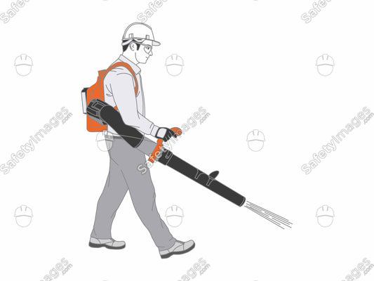 Man Using Leaf Blower with Hard Hat