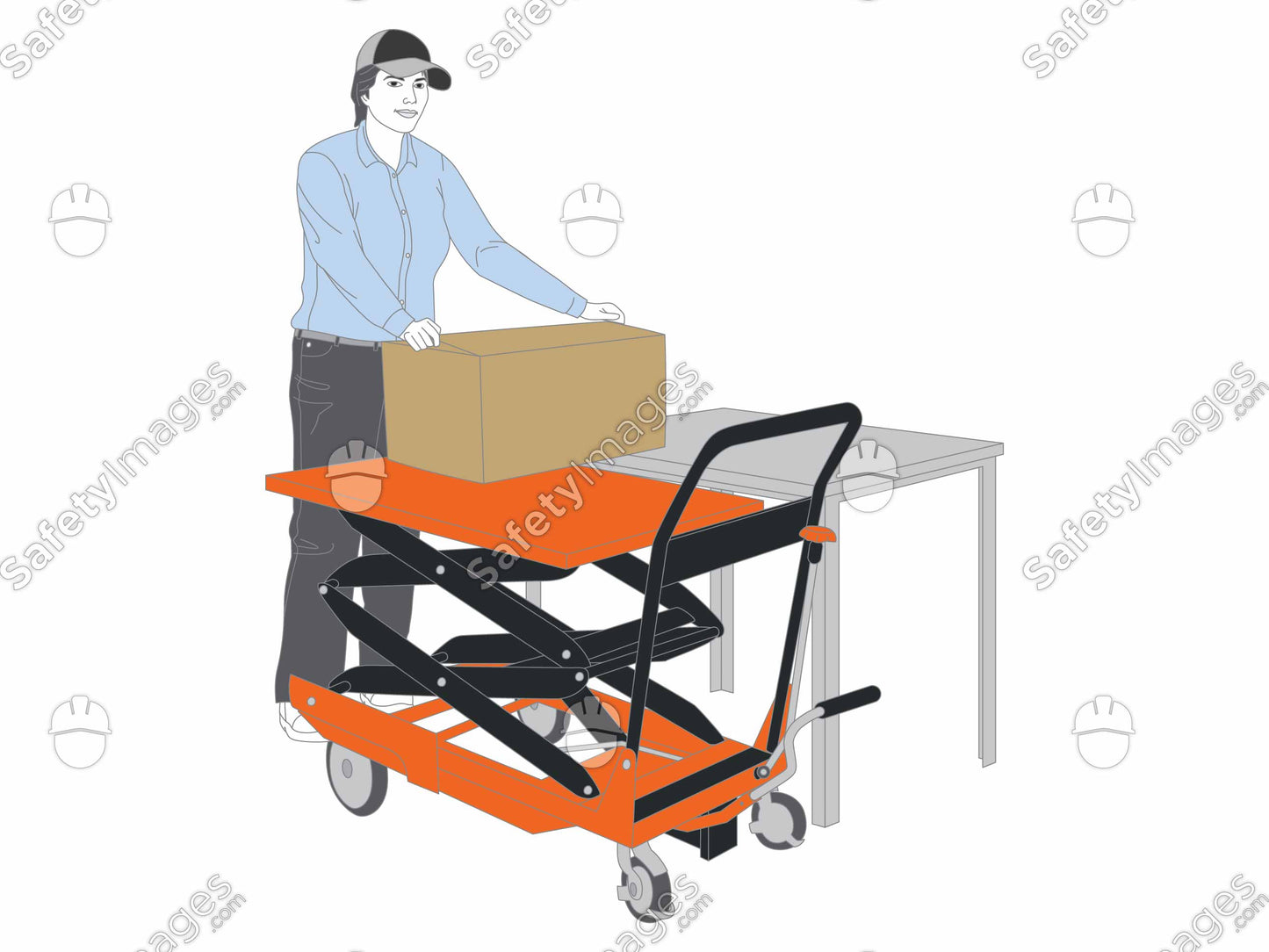 Lady with Cap Using Scissor Lift Trolley